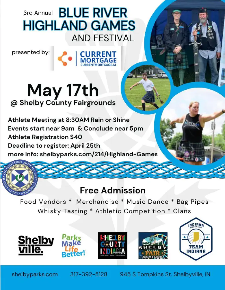 Earlier Blue River Highland Games and Festival poster advertising May 17 at Shelby County Fairgrounds.