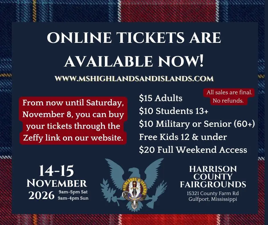 Highlands and Islands November 14–15, 2026 ticket poster with venue, opening hours and admission prices