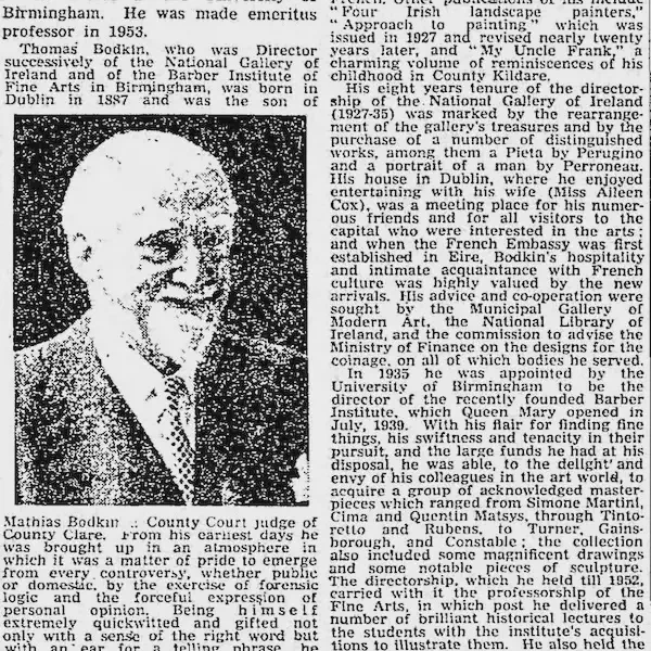 Thomas Bodkin, lawyer and professor, is born in Dublin