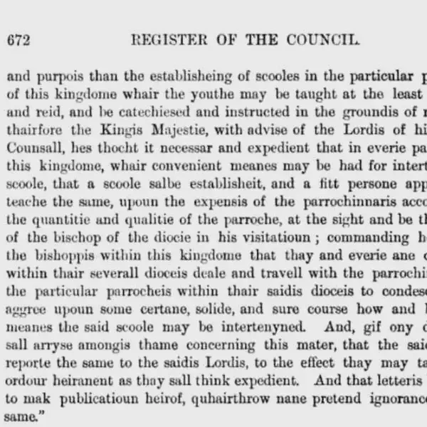 Scottish Privy Council Ordinance establishes parish schools and the abolition of Gaelic