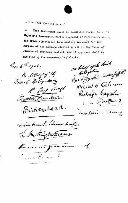 Anglo Irish Treaty Ratified, creating Free State