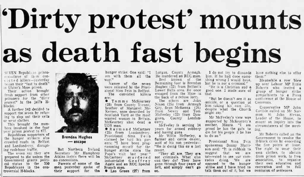 Prisoners in Armagh and Long Kesh end their 53 day hunger strike on promises of political status. The promises are not kept