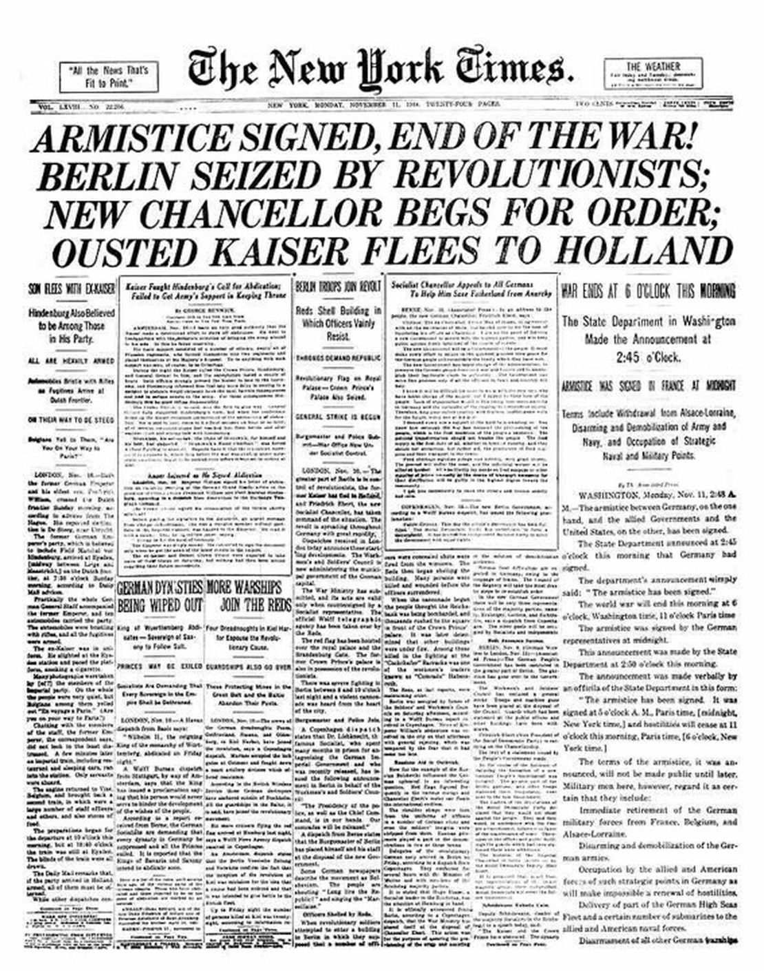 Armistice Day, World War I ends on the, 11th hour of the, 11th day of the, 11th month.